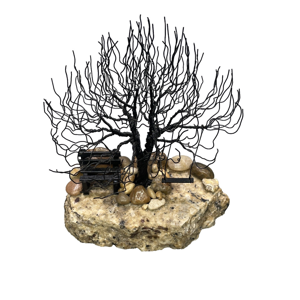 Vtg 60s-70s Wire Brutalist Tree Sculpture w/Bench Swing Stone‎ Mounted Cabincore